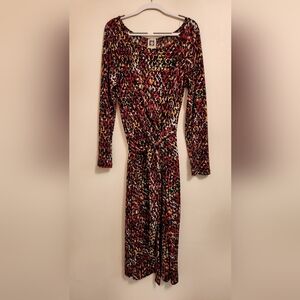 Anne Klein Red and Black Print Long Sleeve Dress